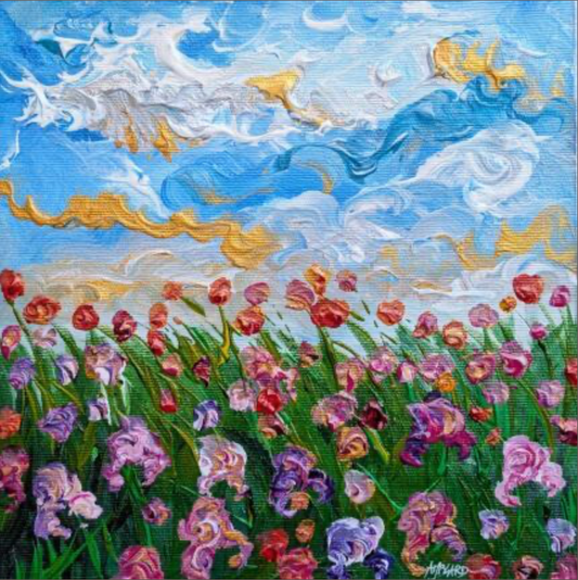 Iris mauves et coquelicots