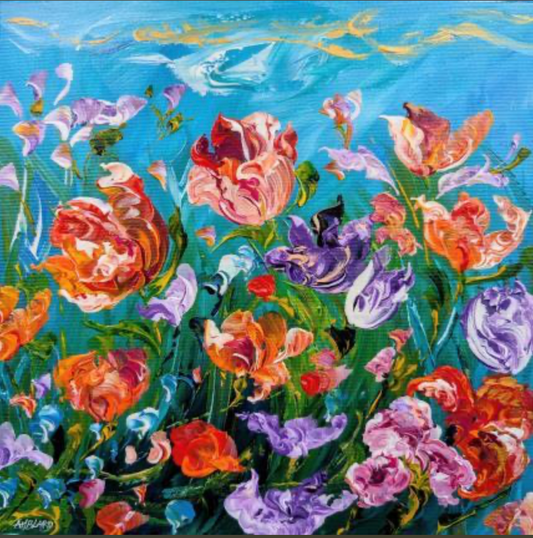 Champ de tulipes et d'iris