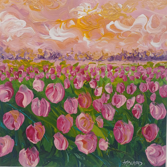Pink tulips field
