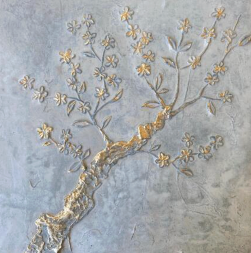 Cerisier doré sur fond vert de gris